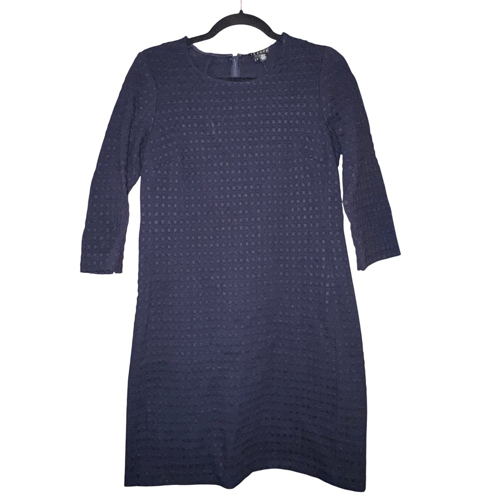Theory Womens Navy Blue Textured Grid 3/4 Sleeve Sheath Dress Size 8